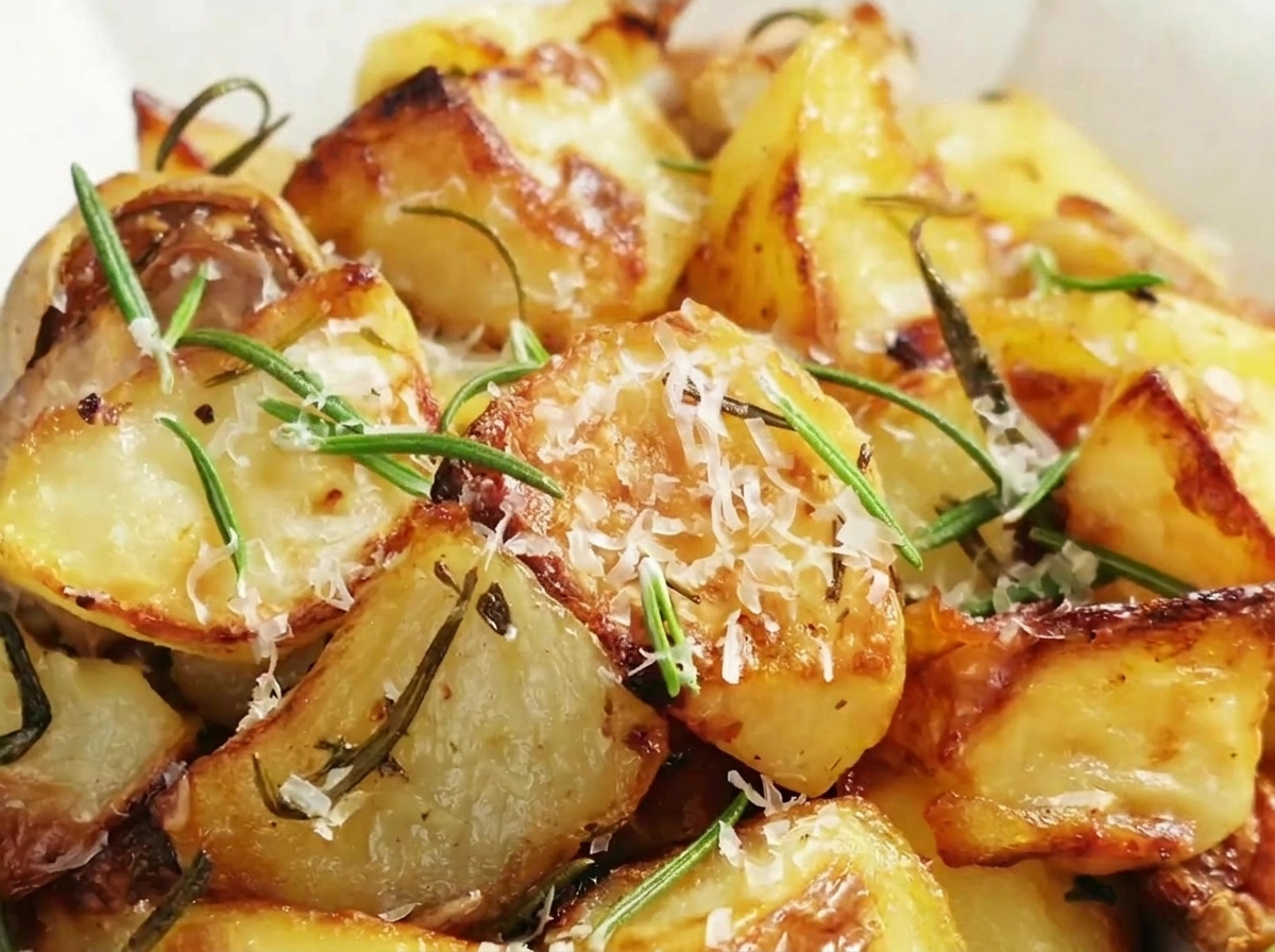 Dientes de ajo machacados y hojas de romero fresco añadidas a la bandeja de patatas.