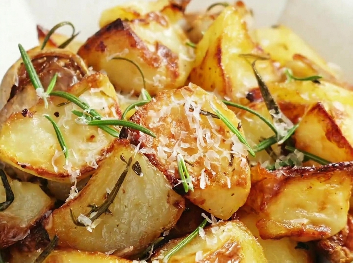 Patatas asadas siendo volteadas en la bandeja con una cuchara de madera.