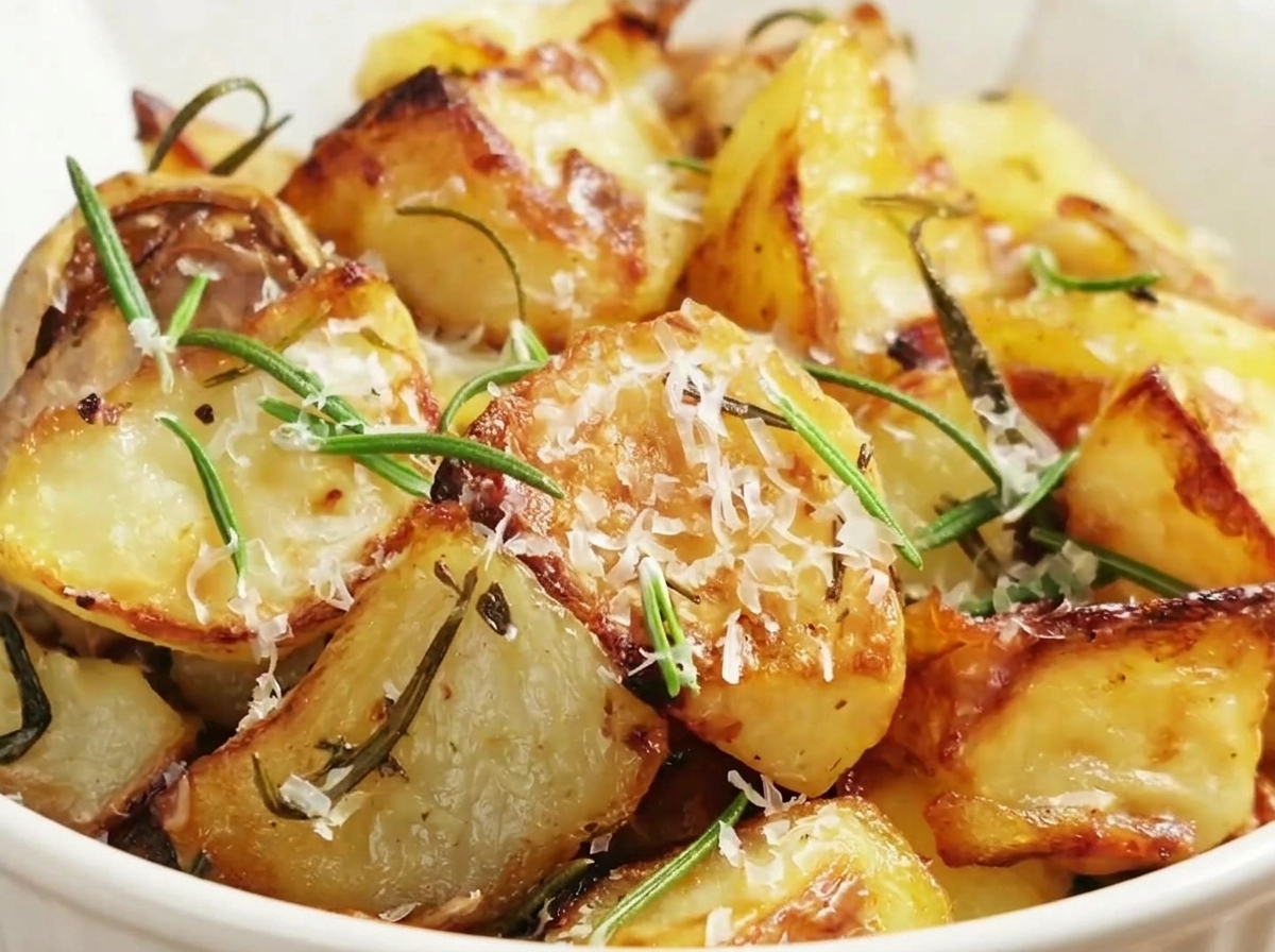 Patatas asadas doradas siendo despegadas cuidadosamente de la superficie de la bandeja.