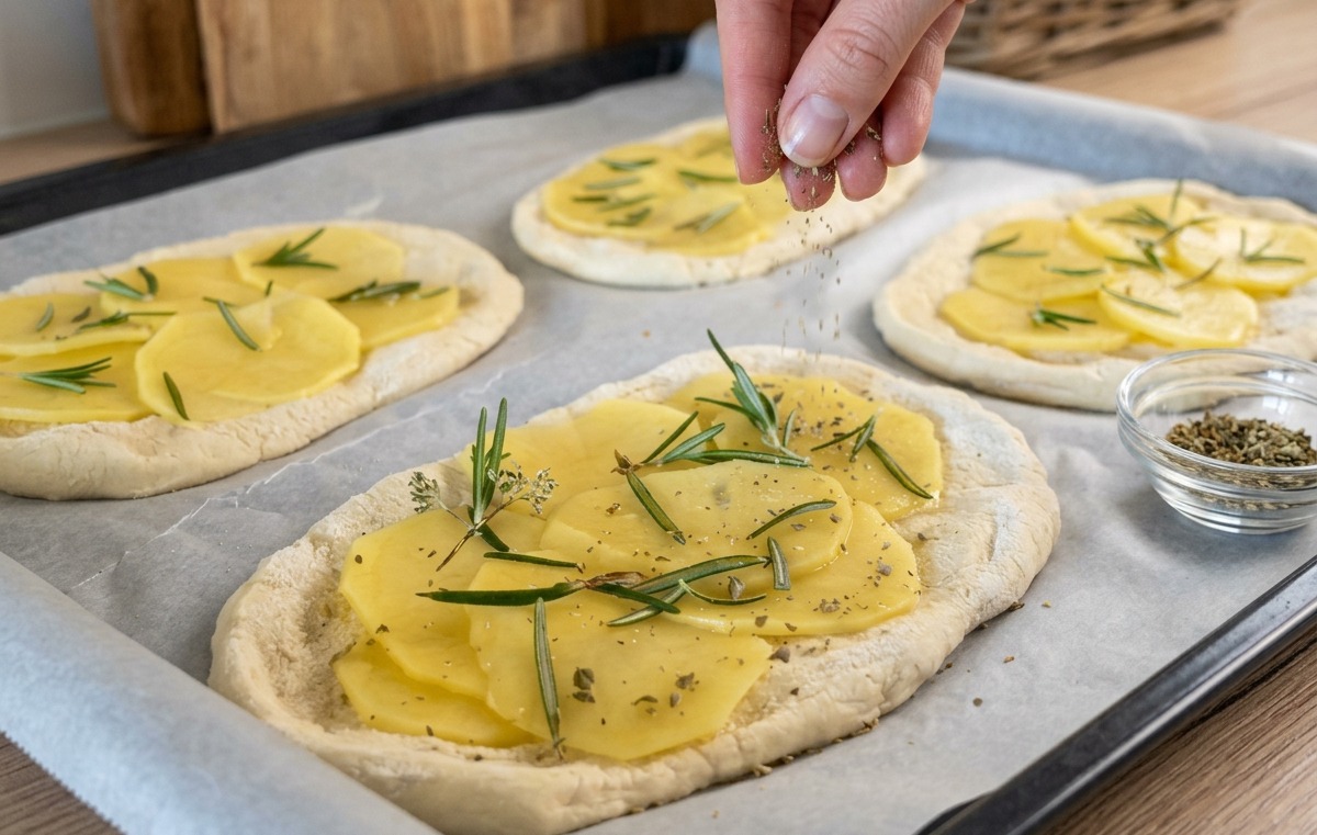 Rodajas de patata sazonadas y ramas de romero dispuestas sobre las bases de masa en una bandeja de horno forrada con papel vegetal.