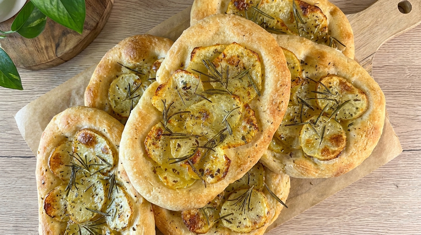 Una tanda de focaccia de patata recién horneada, dorada y cubierta con aromático romero.