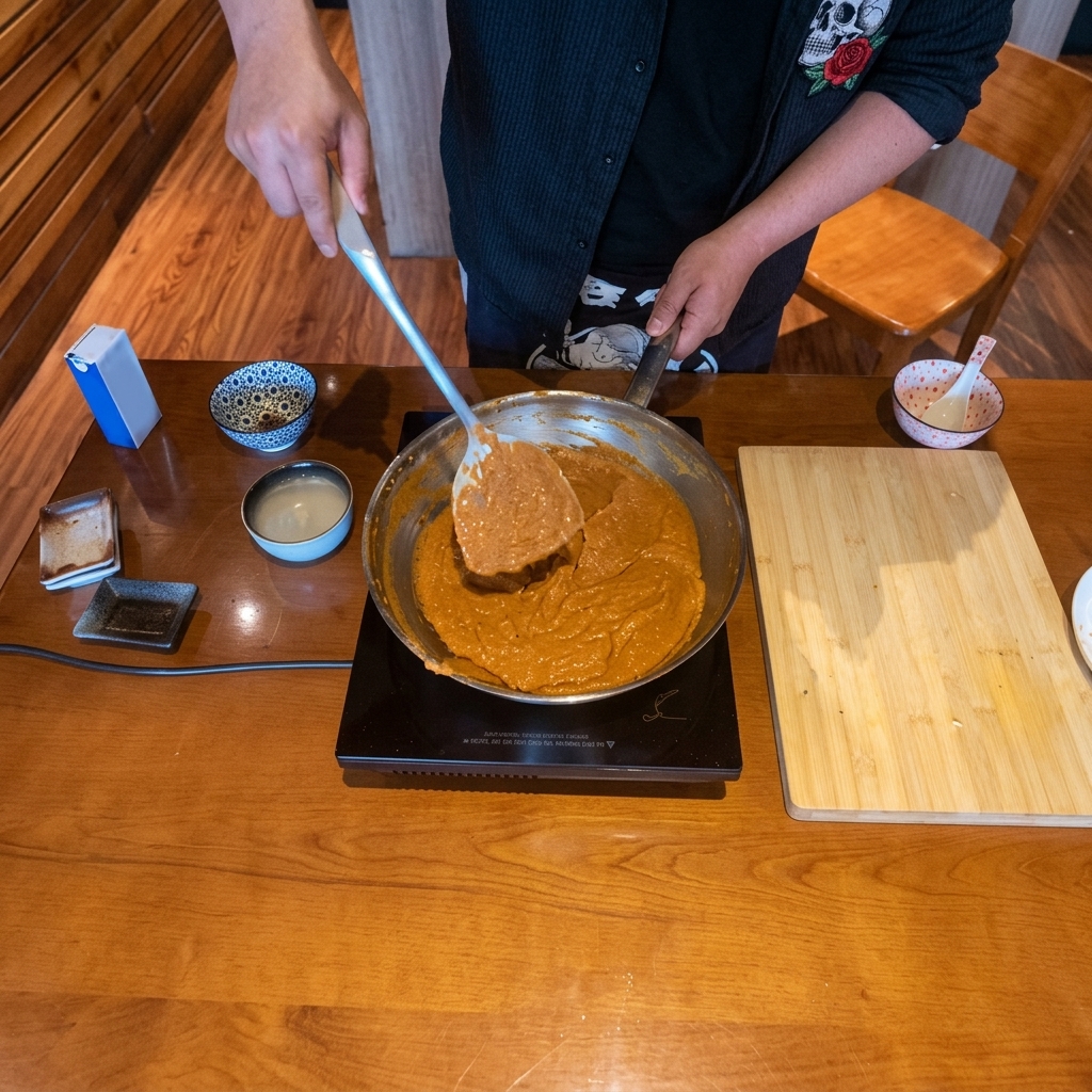 Primer plano de una pasta de miso espesa y sabrosa siendo mezclada en una sartén de acero inoxidable.