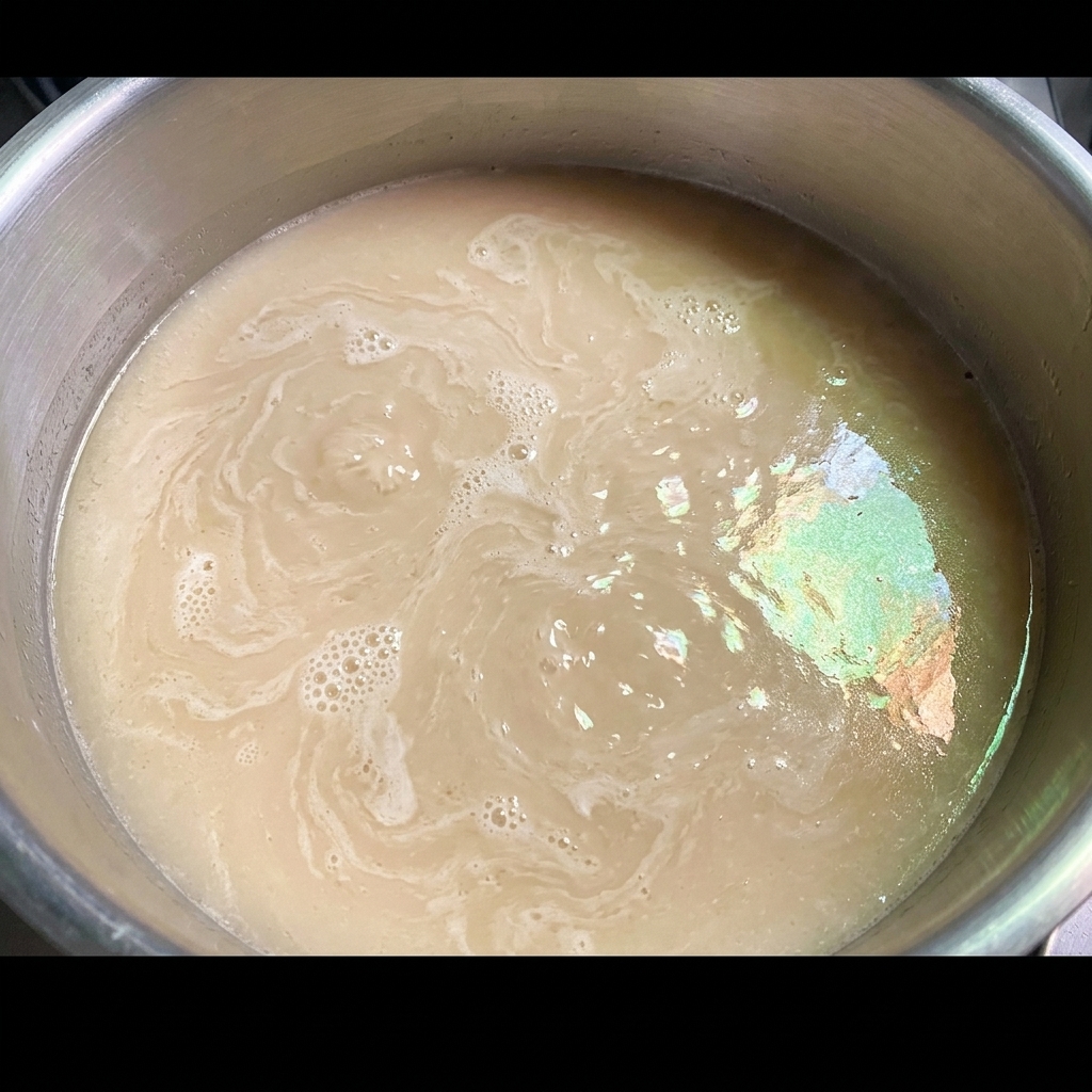 Caldo tonkotsu siendo vertido en una sartén con pasta de miso, creando una mezcla cremosa y rica.