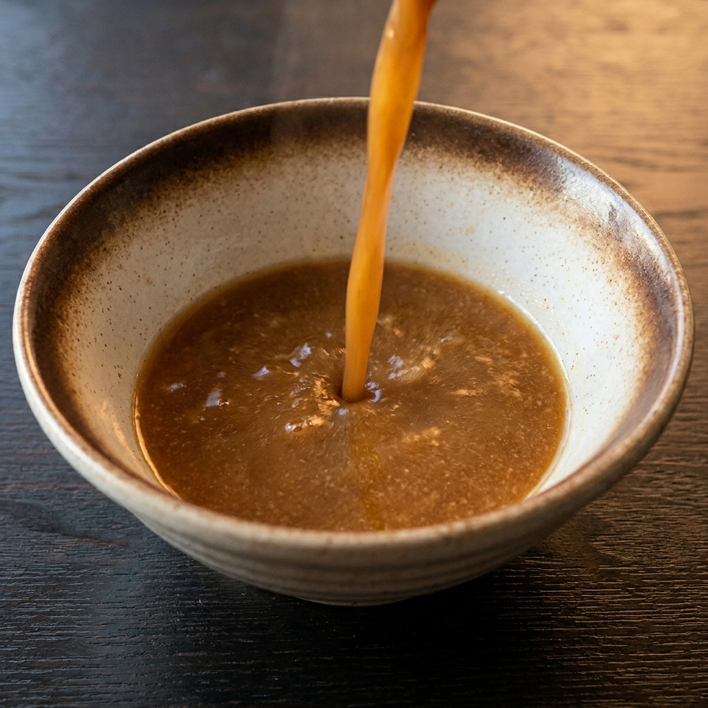 Caldo de miso caliente y rico siendo vertido en un tazón que contiene fideos para ramen recién preparados.