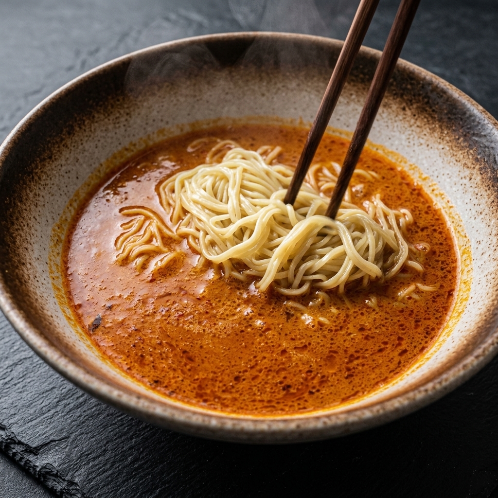 Aceite de chile siendo vertido sobre un tazón de ramen, con palillos listos para mezclarlo.
