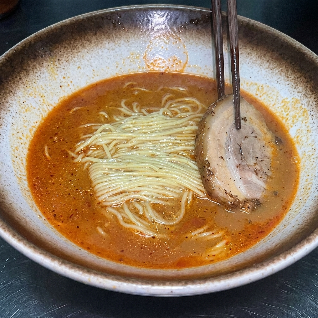 Un tazón de ramen de miso completamente montado, cubierto con cerdo chashu en rodajas, mitades de huevo pasado por agua y maíz dulce.