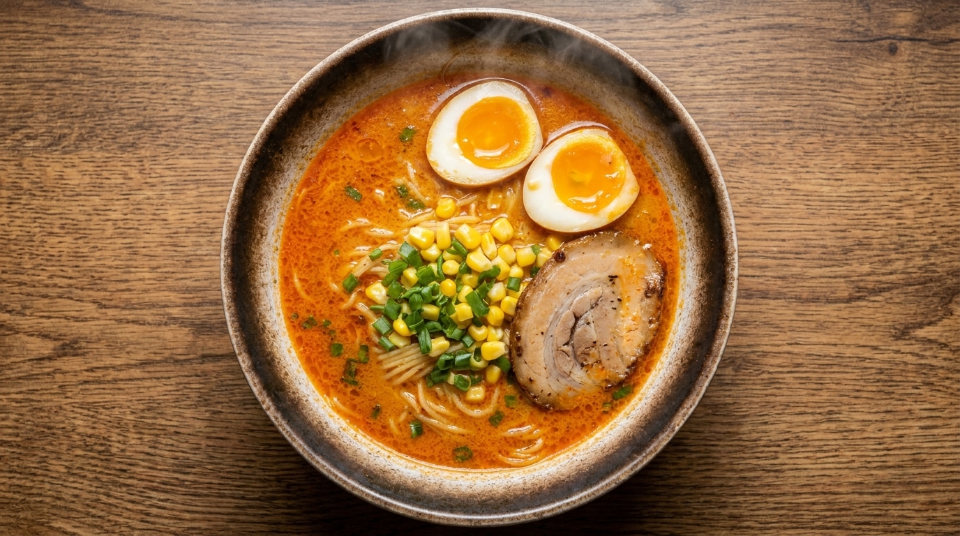 Un tazón de ramen de miso estilo Sapporo con un caldo espeso y rico, cubierto con cerdo chashu, huevo pasado por agua, maíz y cebolletas.