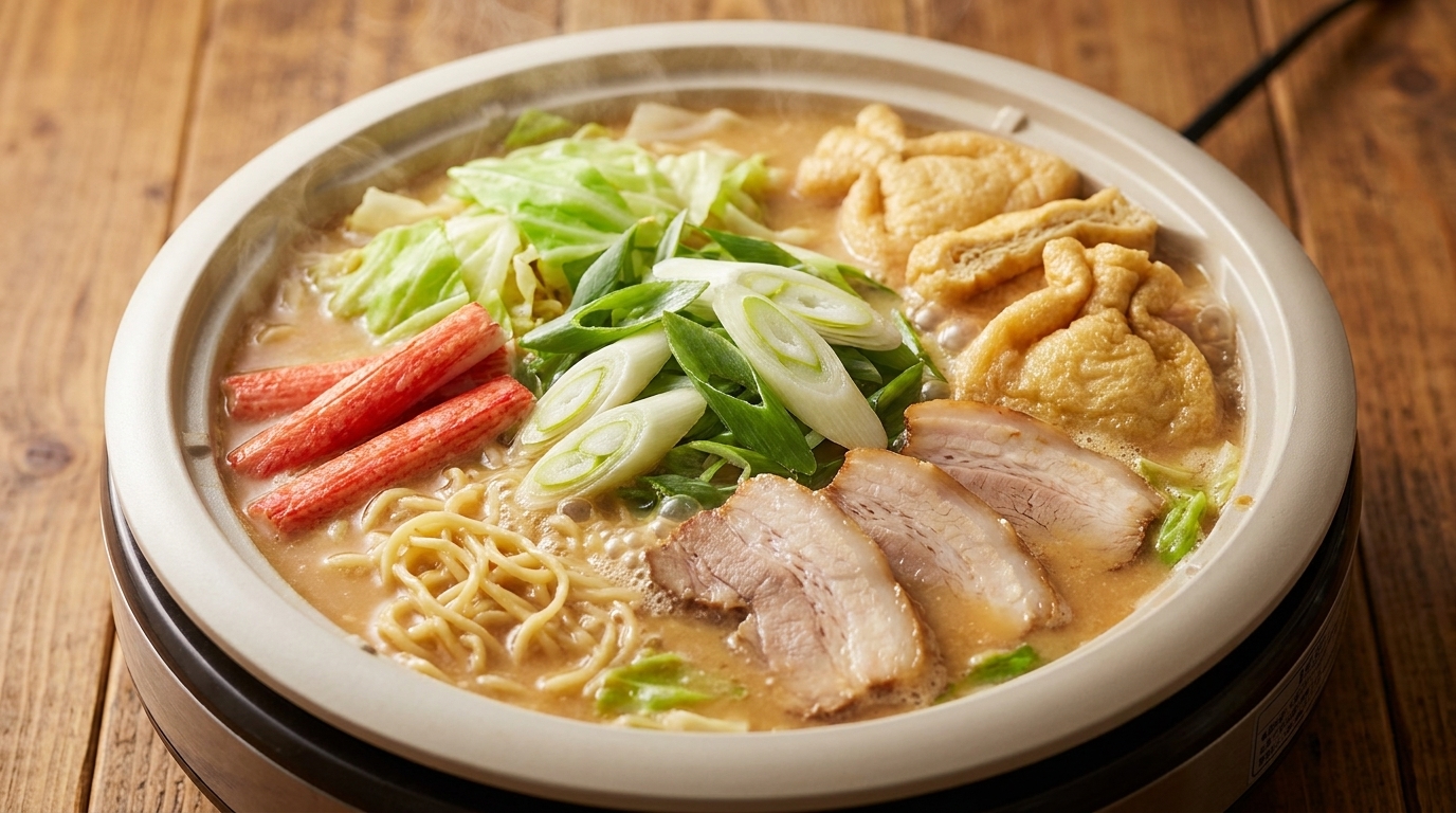 Una olla humeante de ramen de miso con panceta, col, palitos de cangrejo, tofu frito y fideos en un caldo rico y sabroso.
