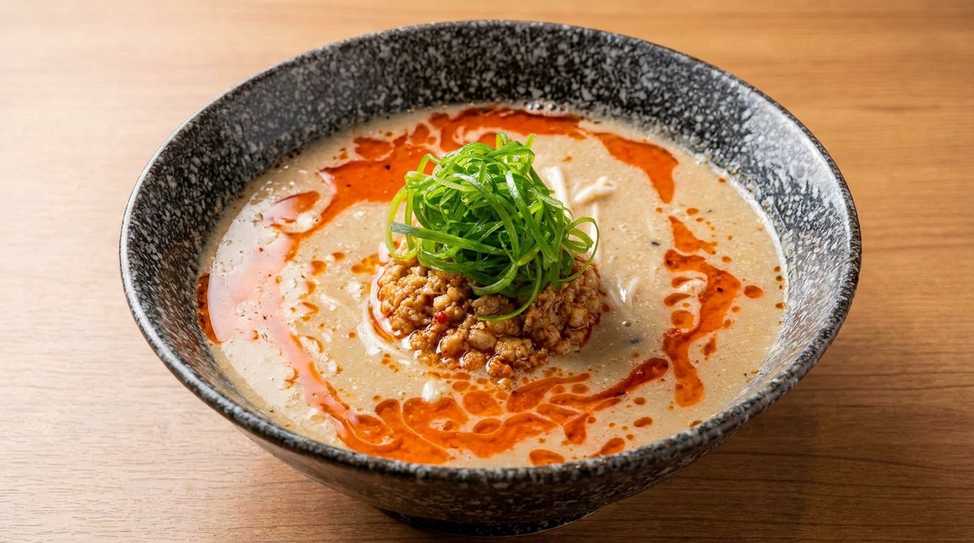 Un tazón de Tantan Ramen japonés con caldo cremoso de sésamo, carne picada sabrosa, aceite de chile rojo vibrante y cebollino fresco.