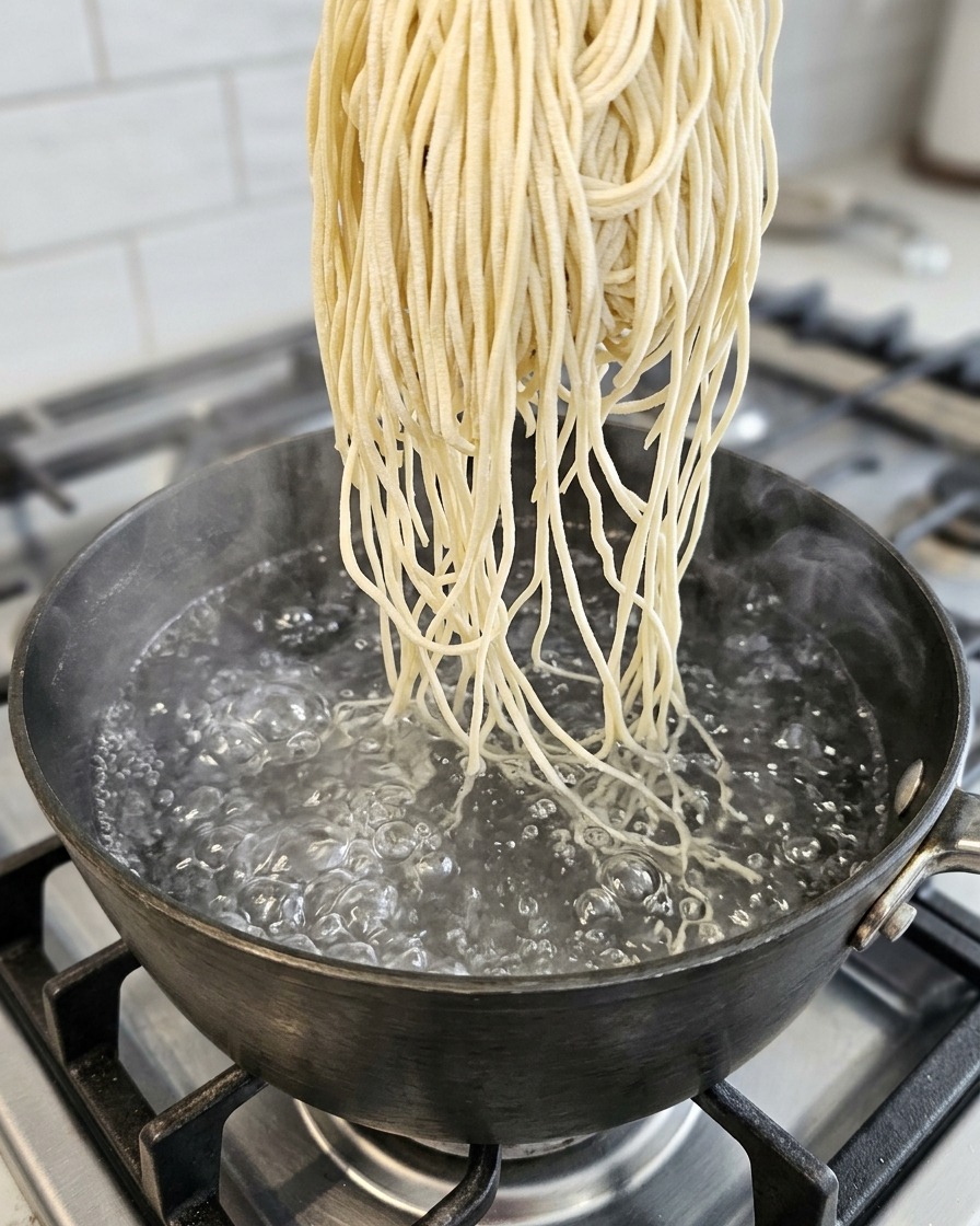Fideos ramen hirviendo en una olla con agua.