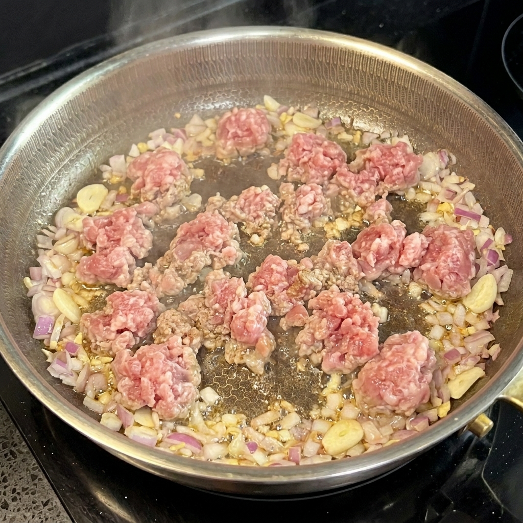 Carne picada dorándose en una sartén con aromáticos.