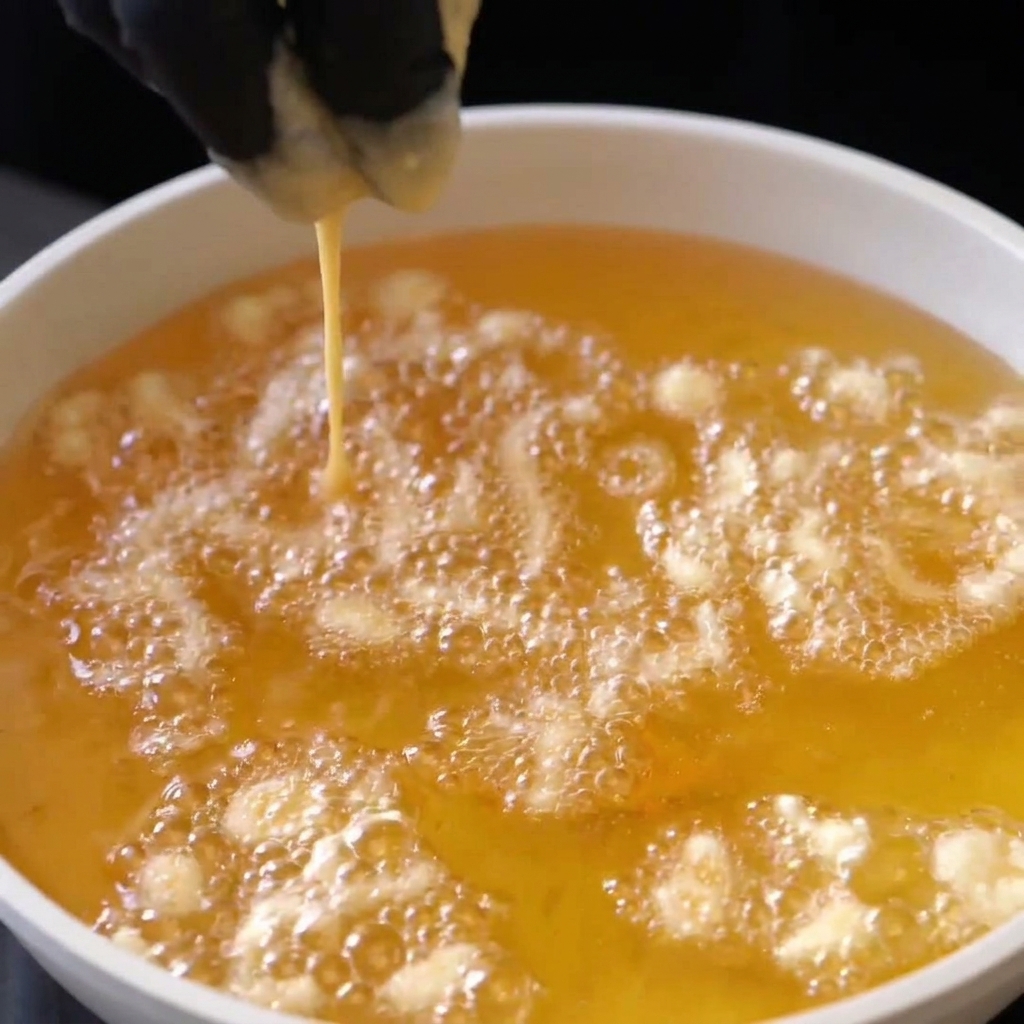 Pequeñas gotas de masa friéndose en aceite caliente, creando trocitos dorados y crujientes.