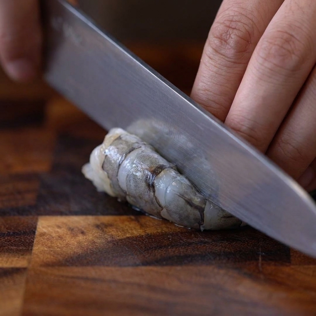 Una mano usando un cuchillo para hacer pequeños cortes precisos en la parte inferior de una gamba cruda pelada.