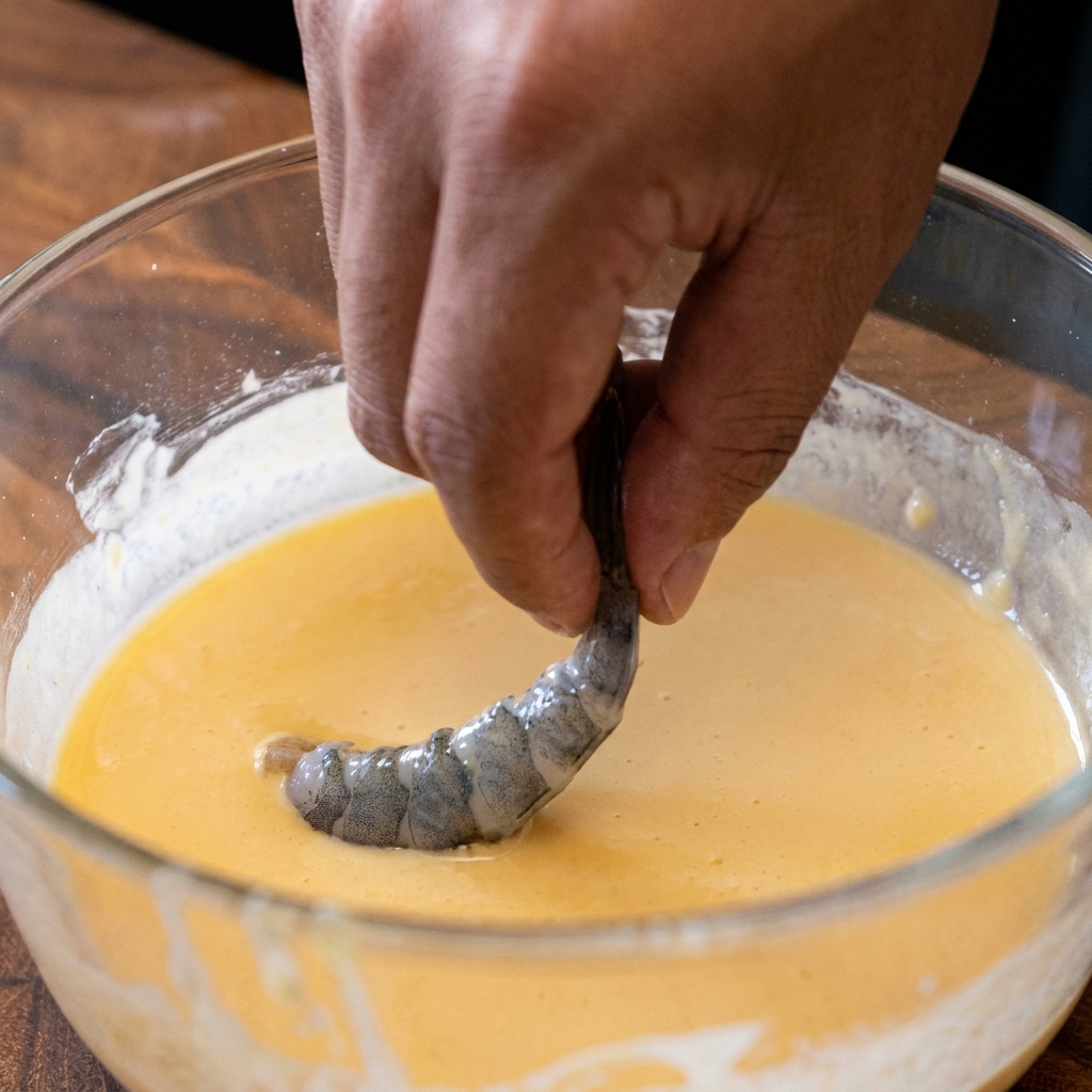 Una gamba siendo cubierta con masa húmeda y luego rebozada con los trocitos de masa frita crujiente.