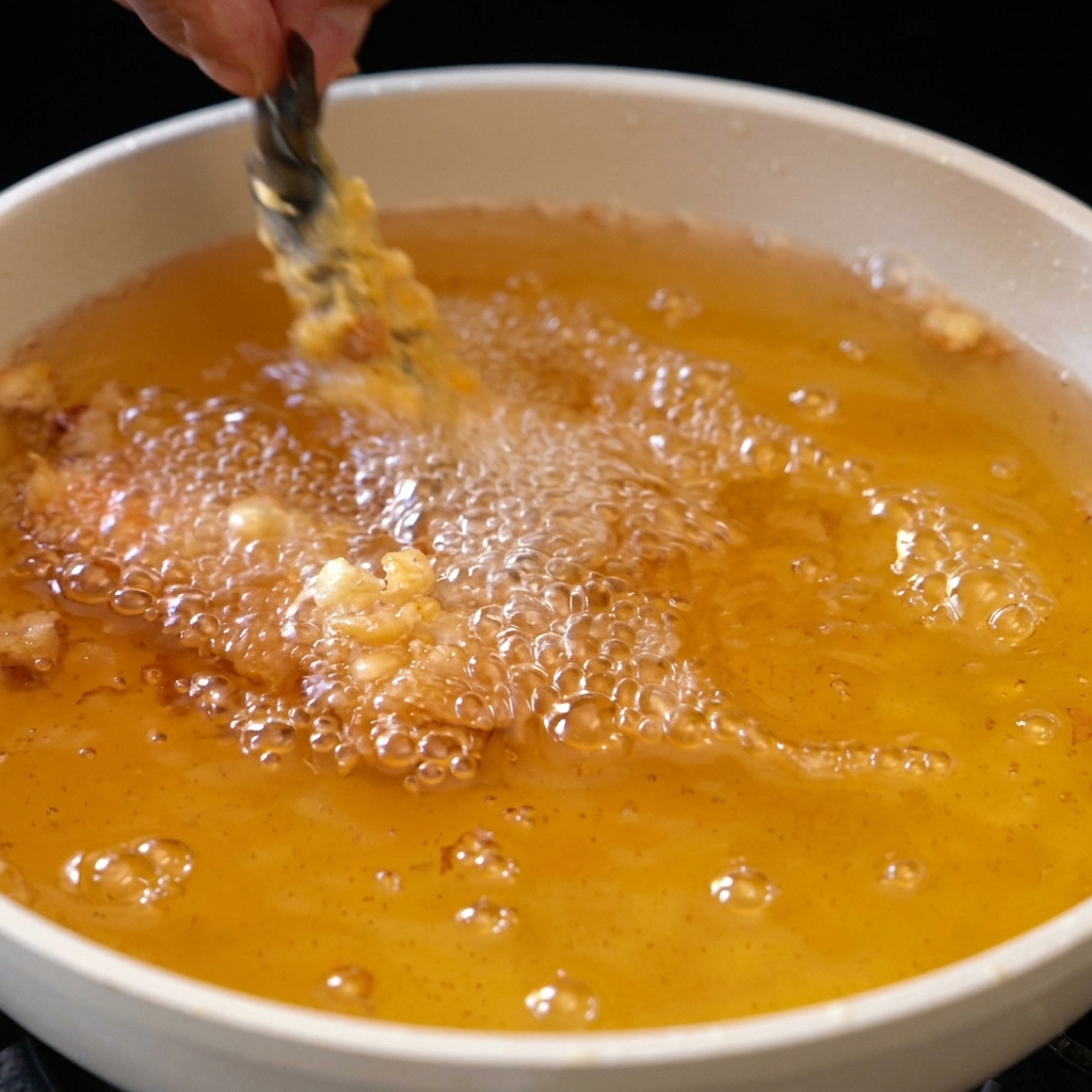 Gambas friéndose en aceite caliente hasta alcanzar un tono dorado.