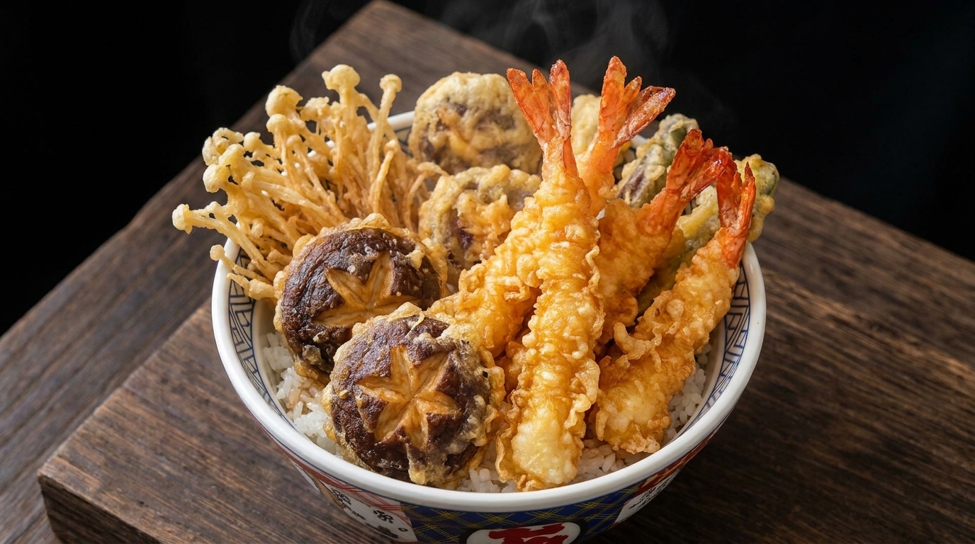 Tazón de Arroz con Tempura (Tendon) al Estilo Japonés