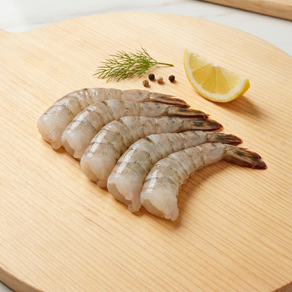 Primer plano de camarones siendo pelados y desvenados sobre una tabla de madera.