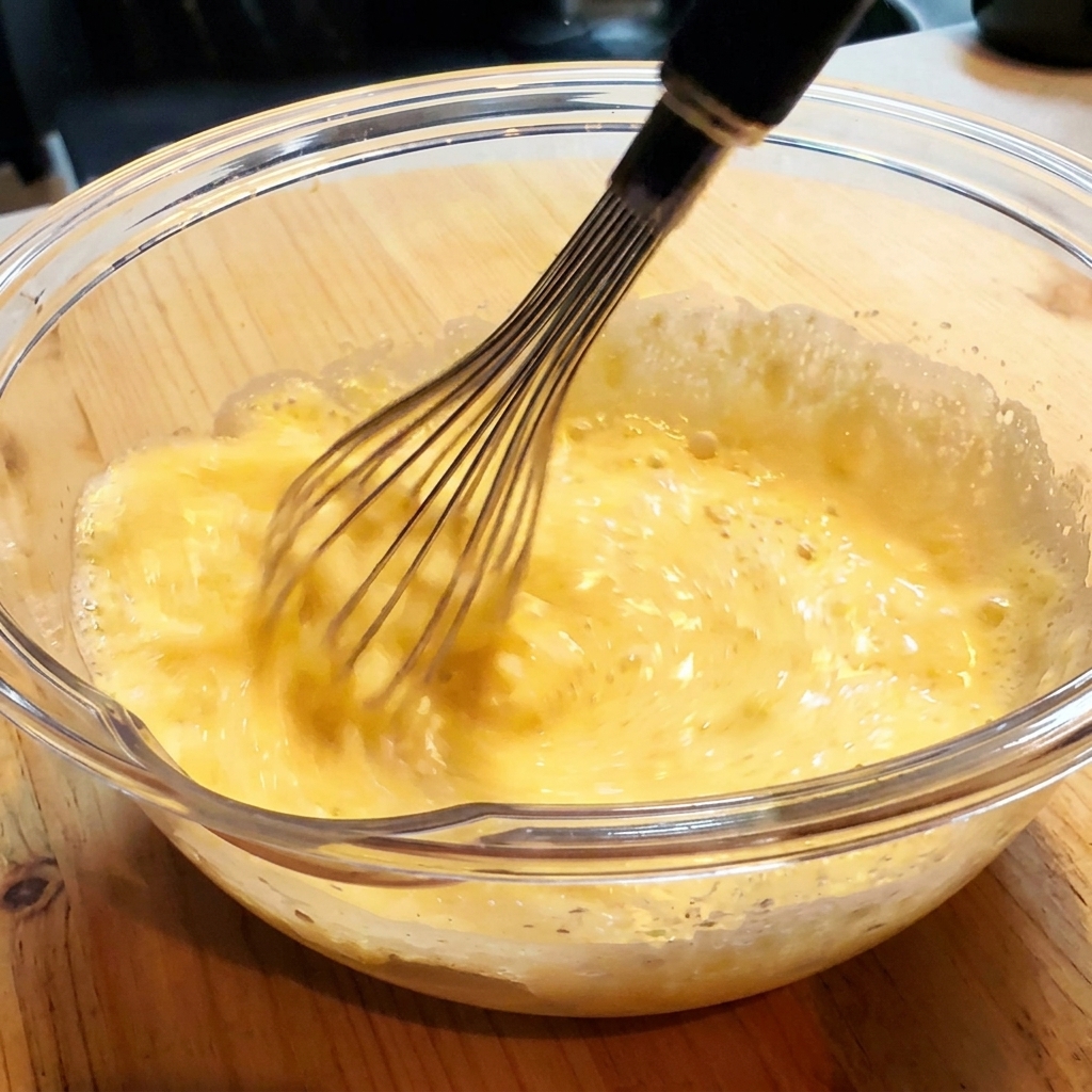 Masa de tempura siendo batida en un tazón de vidrio.