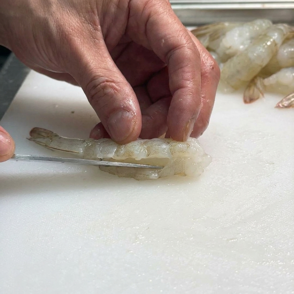 Primer plano de una mano usando un cuchillo para desvenar cuidadosamente un camarón crudo sobre una tabla blanca.