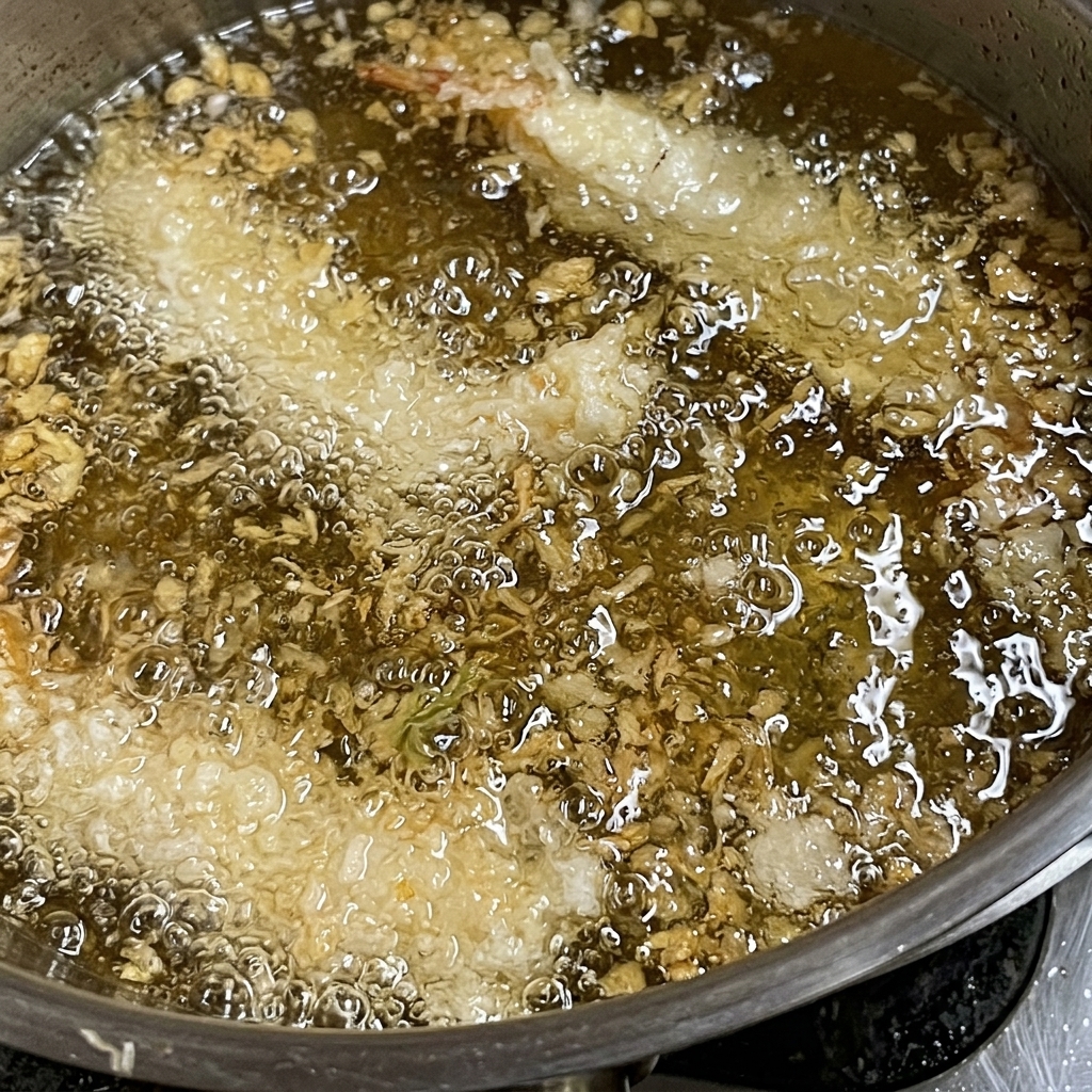 Camarones rebozados friéndose en una olla con aceite caliente, mostrando la masa burbujeante.
