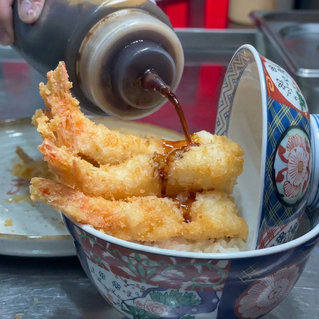 Primer plano de salsa casera oscura siendo vertida desde una botella sobre camarones fritos en un tazón de arroz.