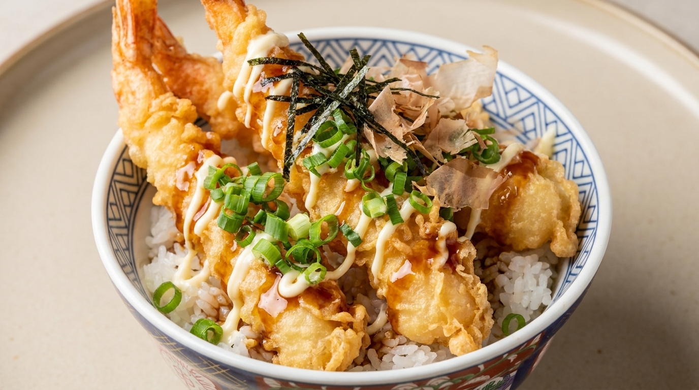 Tazón de Arroz con Tempura de Camarones (Tendon)