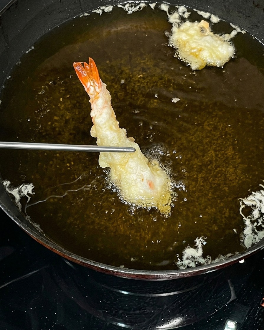 Un tazón con harina para tempura y agua con hielo siendo mezclados en una masa espesa y ligeramente grumosa.