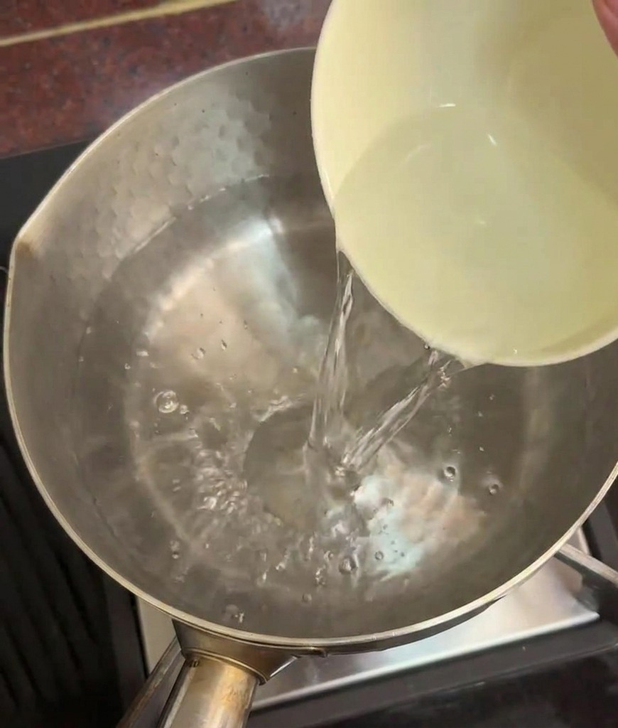 Una persona vertiendo un bol de cerámica con agua clara en una olla de acero inoxidable con agua caliente sobre la estufa.