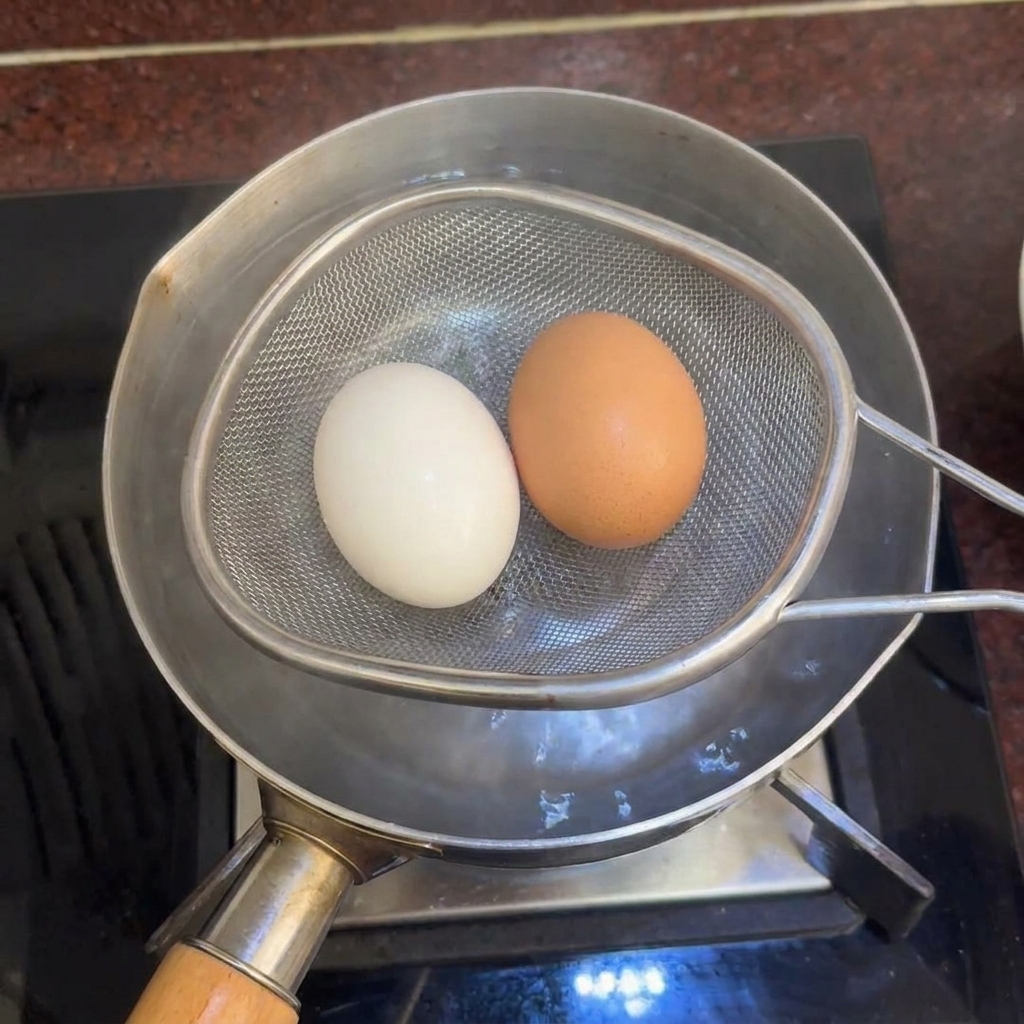 Un colador de malla metálica sosteniendo dos huevos sobre una olla de agua en la encimera de la cocina.