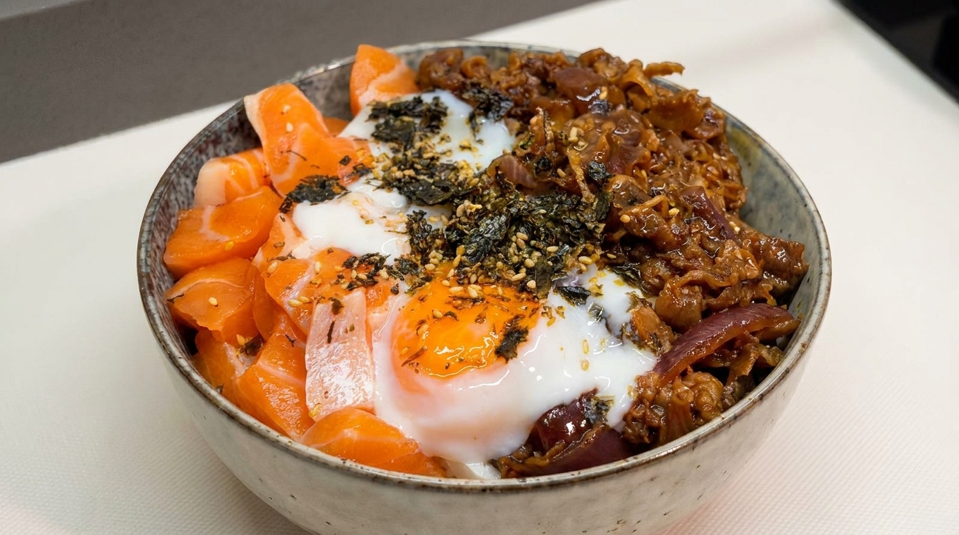 Donburi de salmón y ternera con huevo onsen