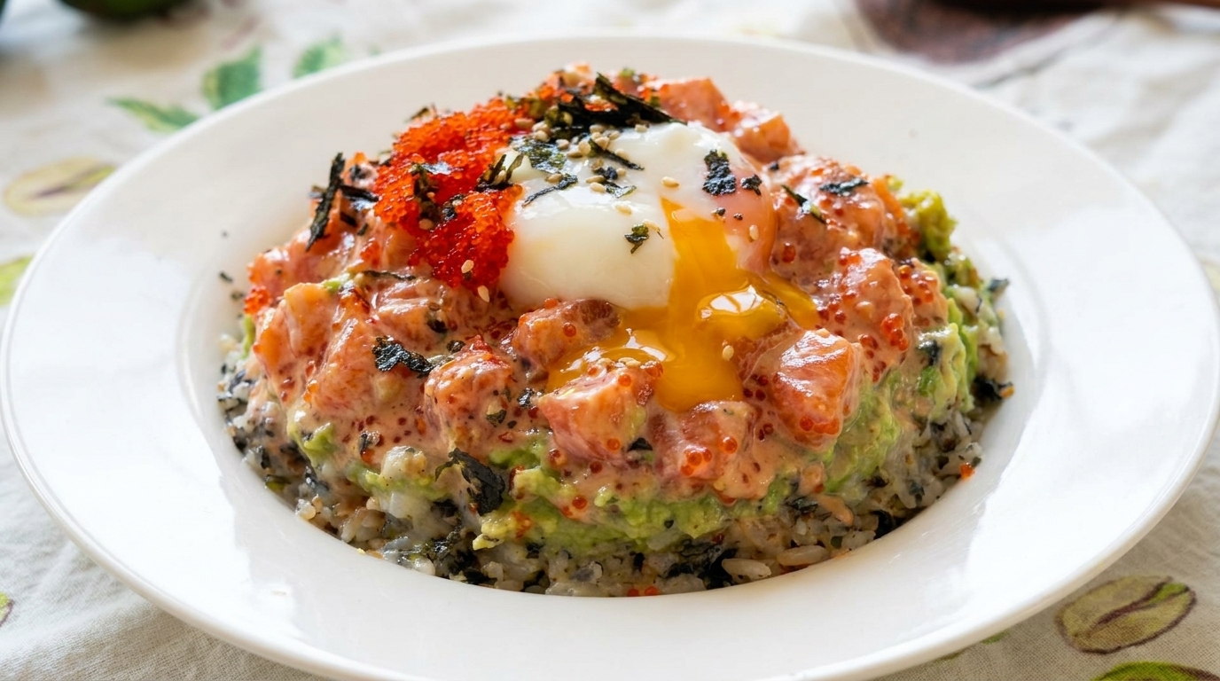 Poke Bowl Cremoso de Salmón y Aguacate con Huevo Onsen