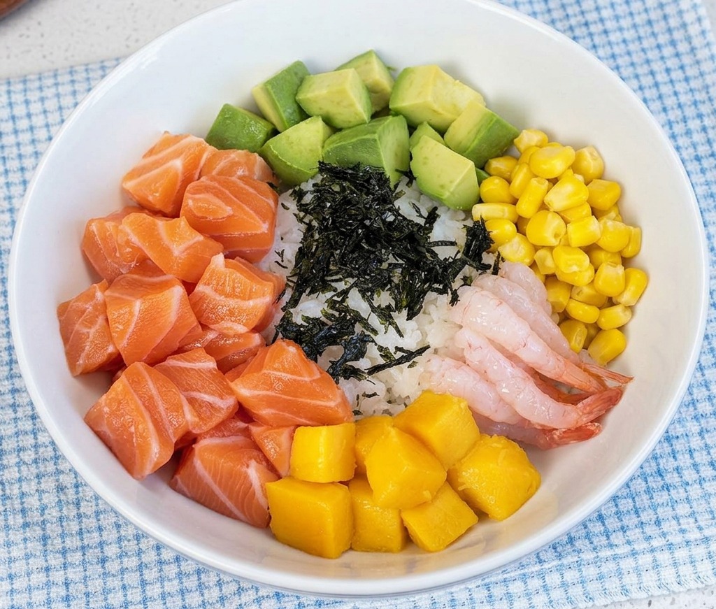 Tiras finas de alga marina seca de color negro colocadas en el centro de un poke bowl lleno de varios ingredientes coloridos.