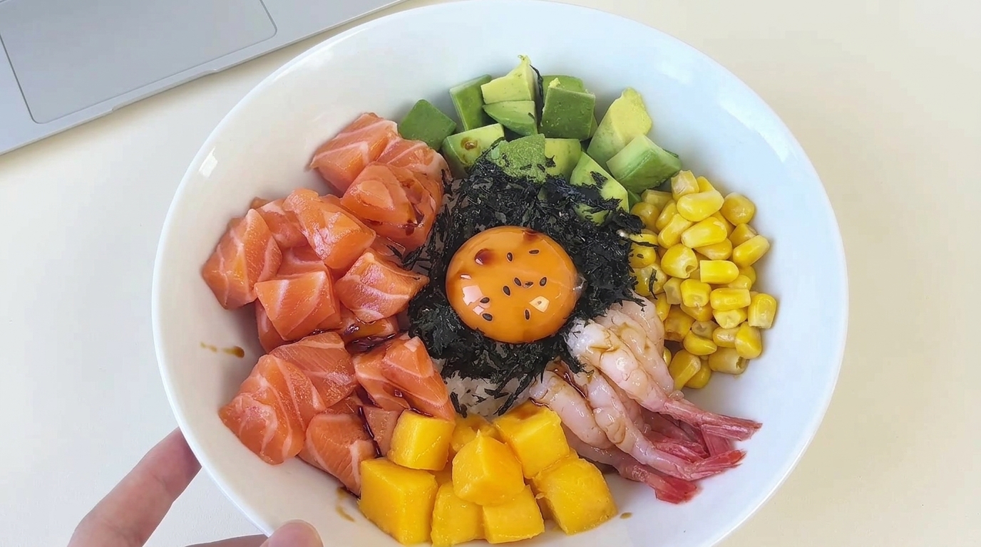 Poke Bowl de Salmón y Aguacate con Camarón Dulce y Mango