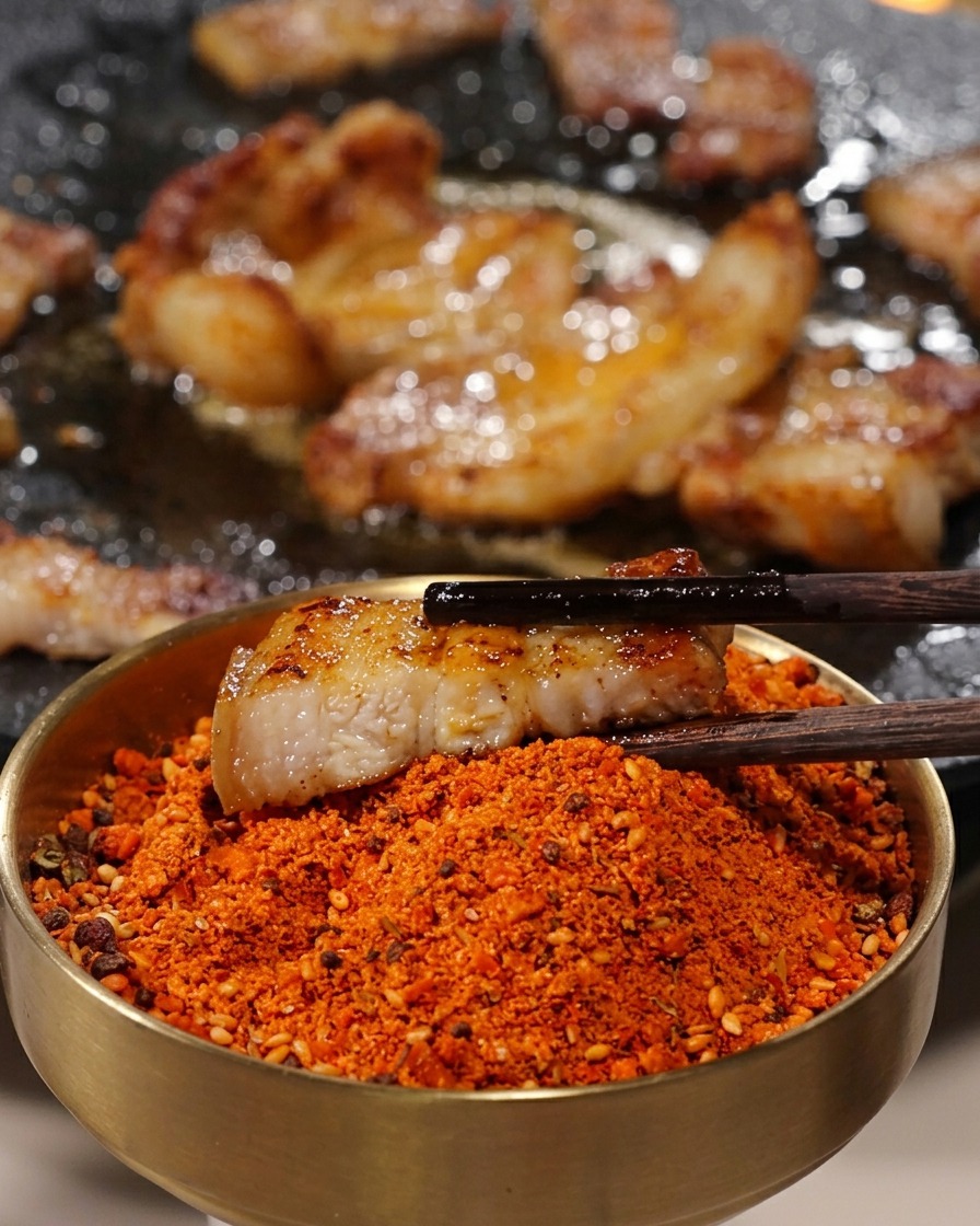 Una rodaja crujiente de panceta de cerdo asada que se sumerge en un cuenco de condimento rojo con palillos.