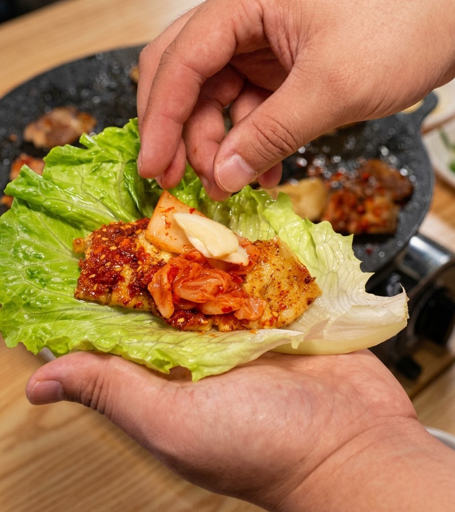Una mano añadiendo una lámina de ajo fresco a un wrap de lechuga que contiene panceta y kimchi.