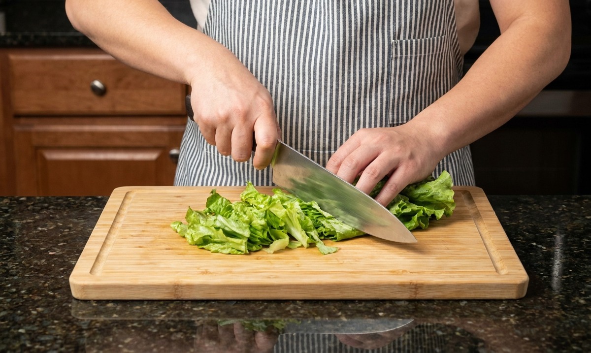 Una persona cortando lechuga verde fresca en tiras sobre una tabla de cortar de bambú con un cuchillo de chef afilado.