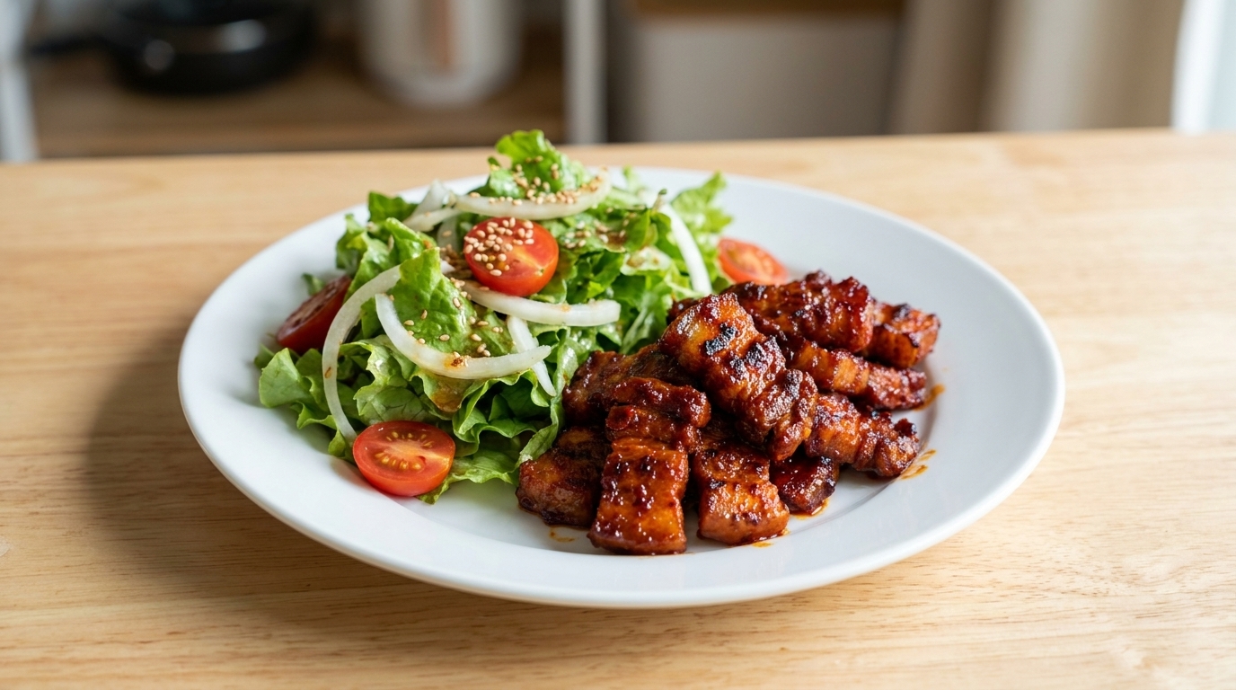 Panceta de cerdo picante coreana al Gochujang con ensalada fresca de cebolla