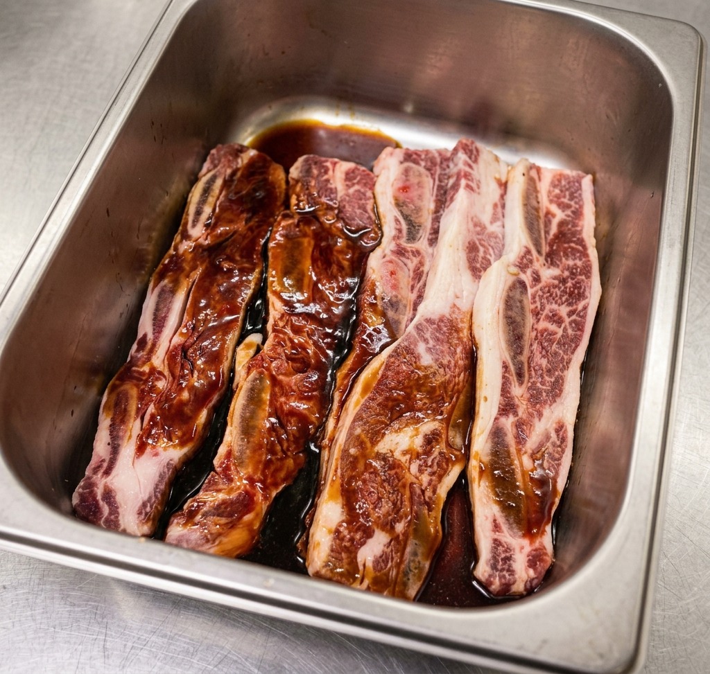 Costillas de res crudas reposando en un fondo de salsa de soja oscura dentro de un recipiente de acero inoxidable.