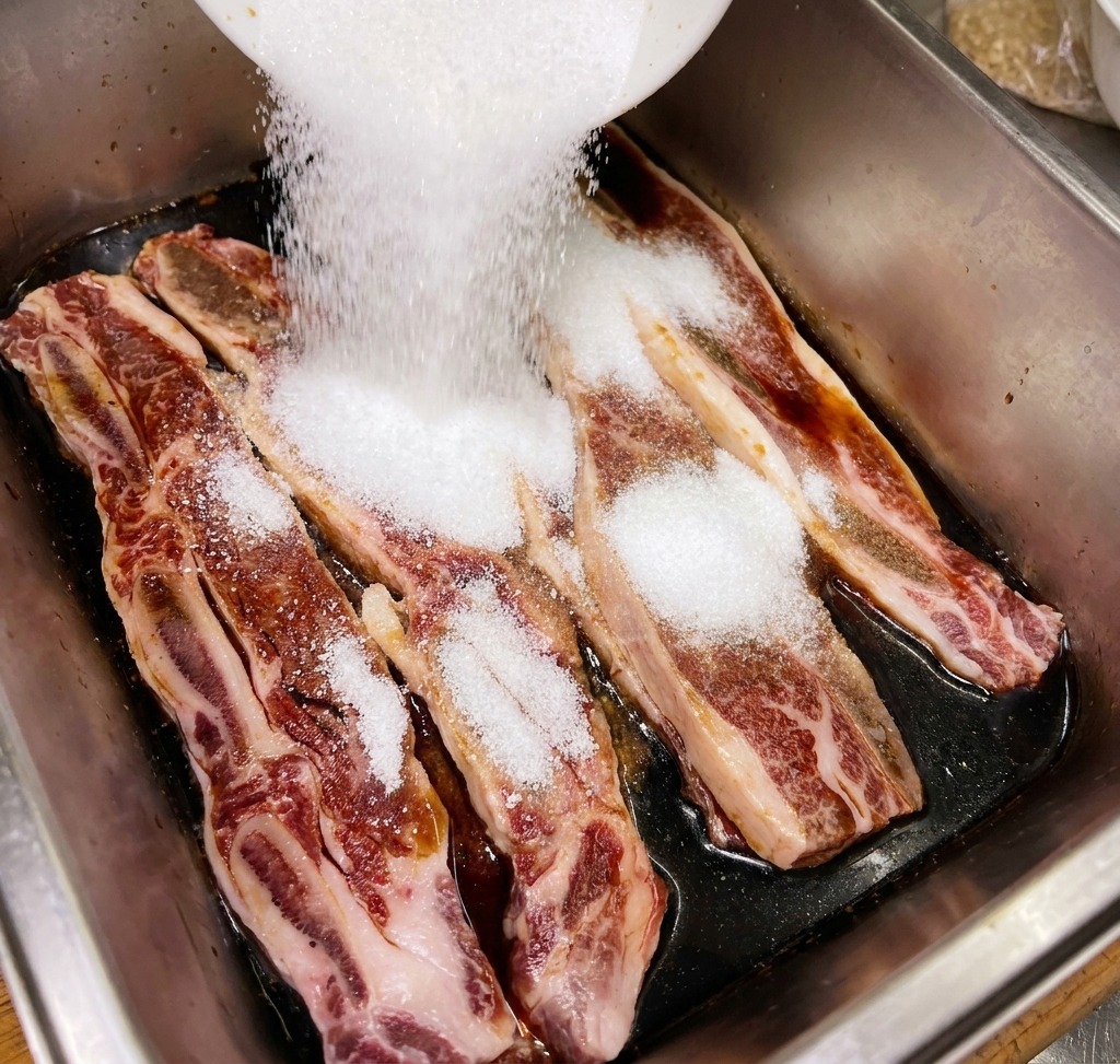 Un flujo de azúcar blanco granulado cayendo desde un tazón sobre las costillas de res en una bandeja de metal.