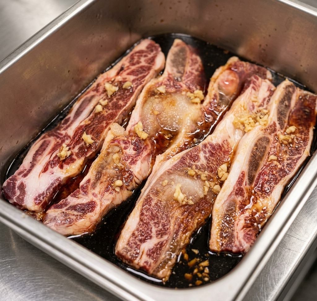 Pequeños montones de ajo picado colocados encima de costillas de res crudas en una bandeja de marinado.