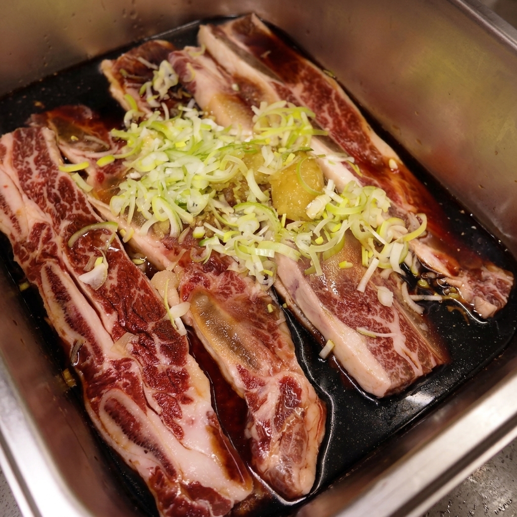 Costillas crudas en una bandeja de metal cubiertas con cebollín picado y ajo, con un hilo visible de aceite de sésamo.