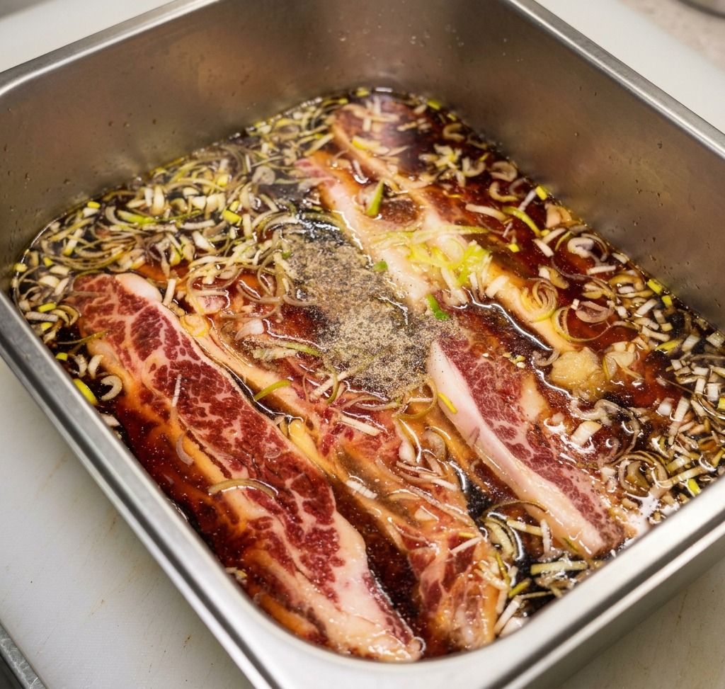 Una bandeja de costillas de res sumergidas en marinado con una fina capa de pimienta negra en polvo en la superficie.