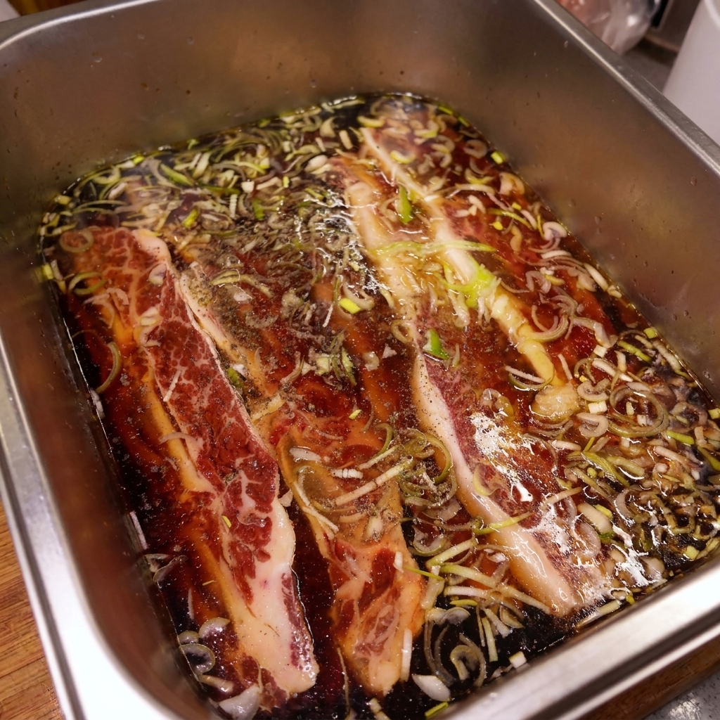 Costillas sumergidas en un marinado oscuro a base de soja dentro de una bandeja de acero inoxidable, con cebollines visibles y pimienta negra.