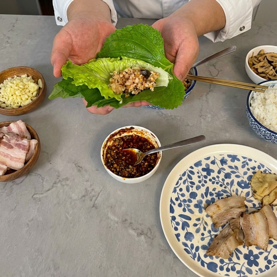Añadiendo arroz blanco cocinado a un wrap de verduras sostenido con las dos manos, rodeado de platillos con ajo y carne.
