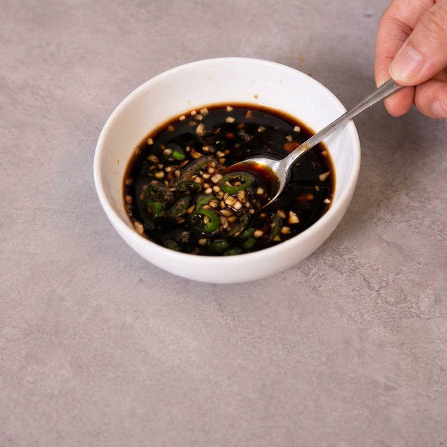 Un cuenco pequeño con salsa de soja mezclándose con ajo picado y chiles verdes laminados usando una cuchara.