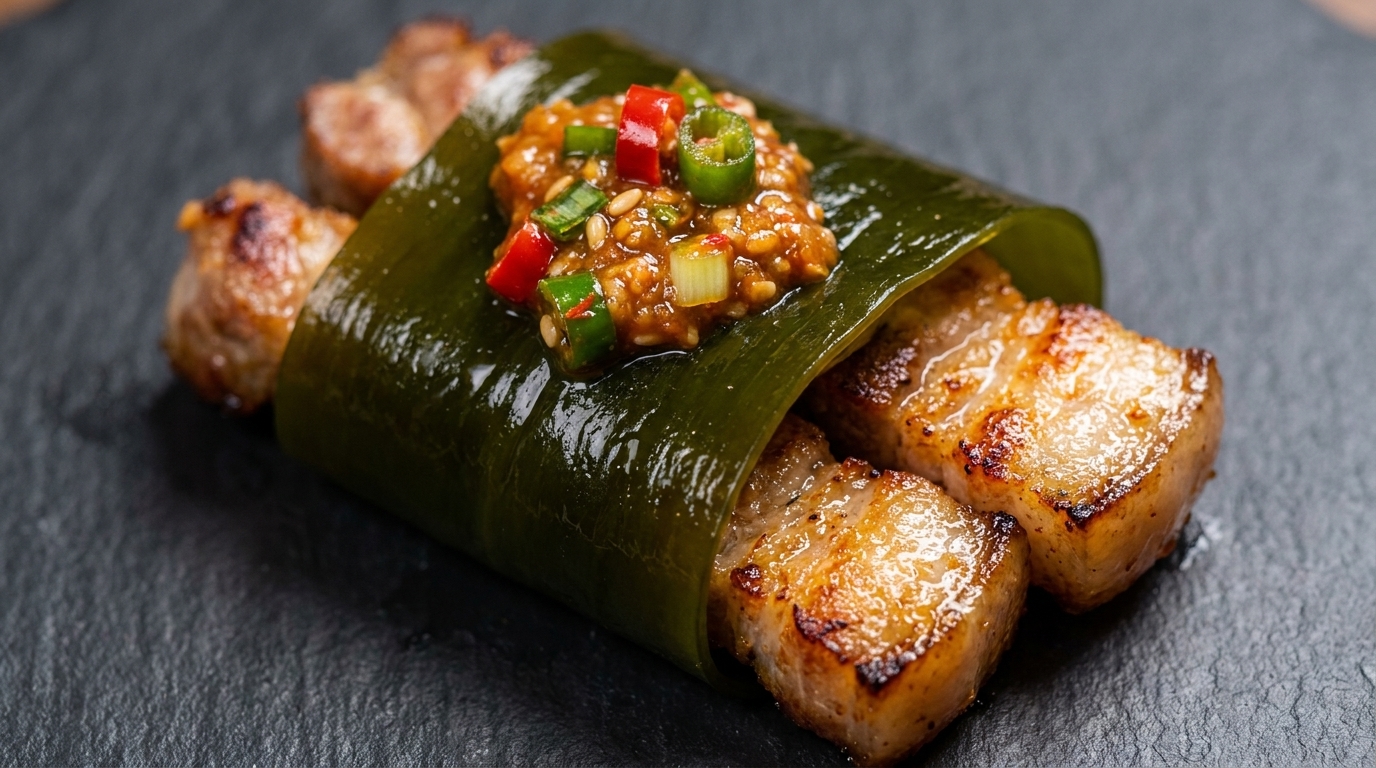 Wraps de panceta de cerdo coreana a la parrilla (Samgyeopsal-gui) con alga kelp y lechuga