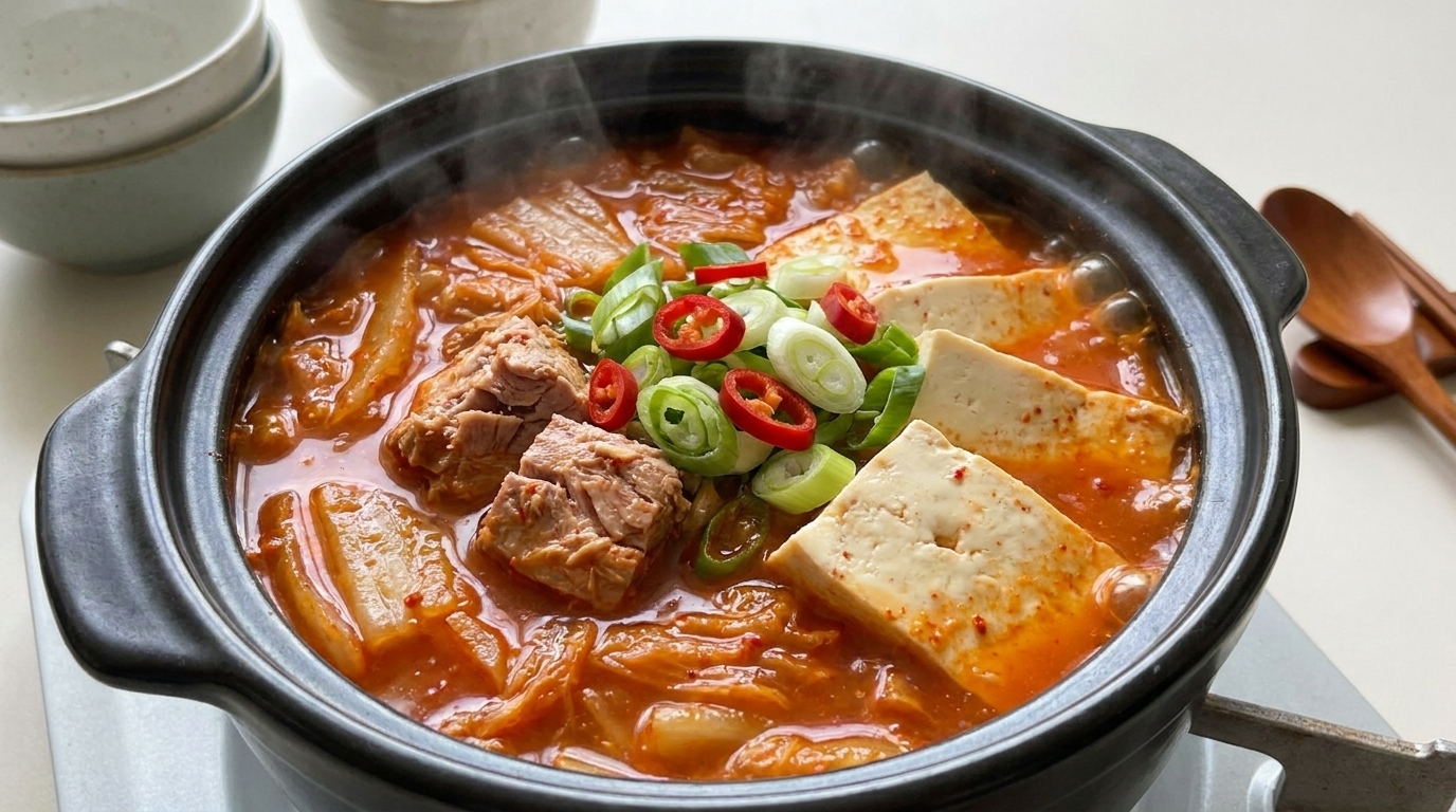 Una olla burbujeante de estofado de kimchi y atún coronada con tofu fresco, trozos de atún y cebolletas tiernas.