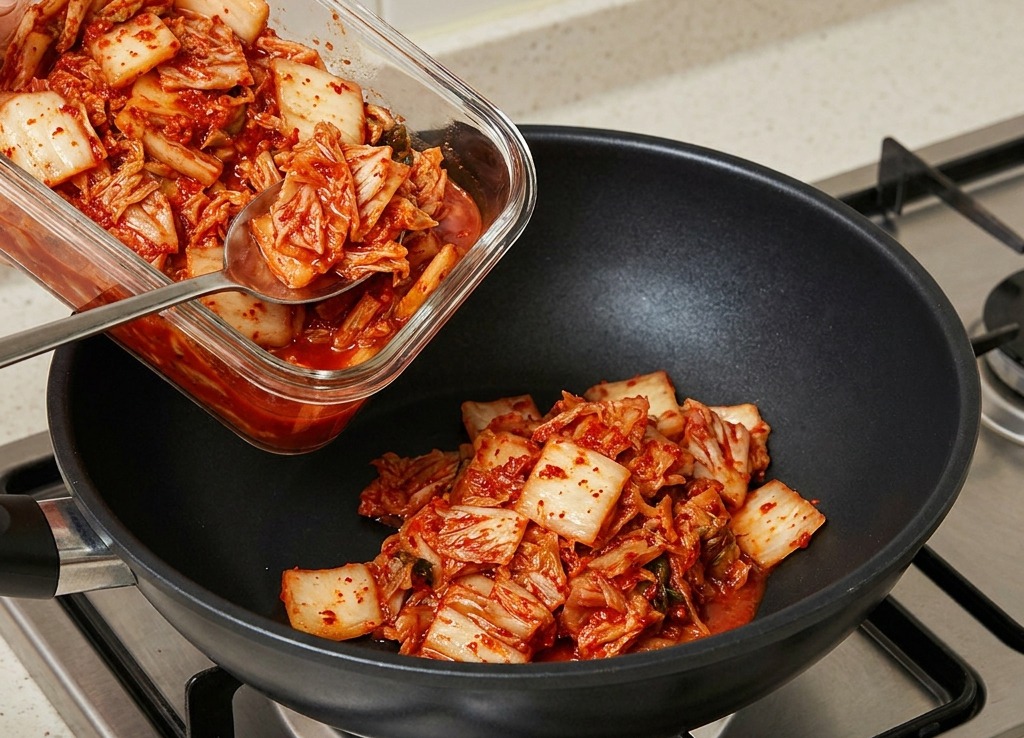Una mano vertiendo kimchi de col fermentada picada desde un recipiente de vidrio a una sartén negra en una estufa de gas.