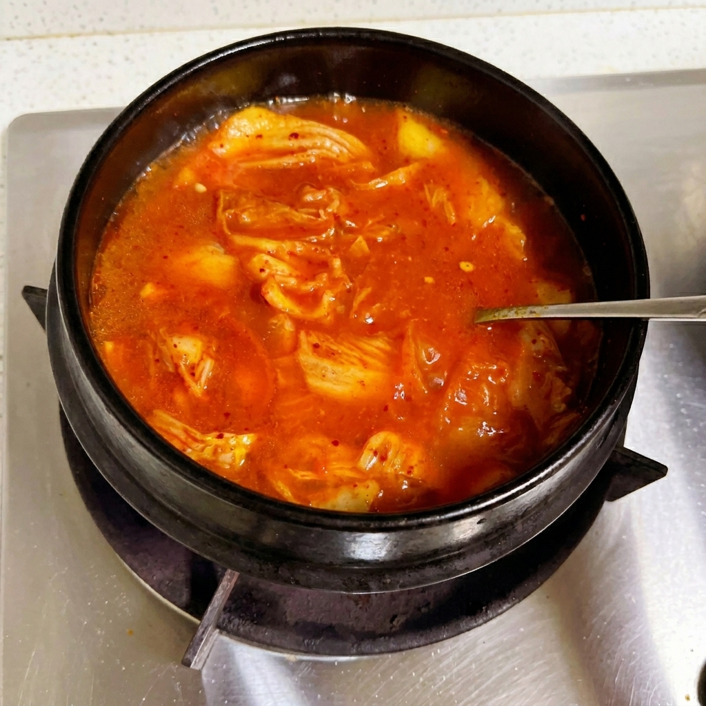 Una cuchara de metal removiendo un caldo rojizo en una cazuela de piedra para disolver una pequeña porción de pasta de soja.