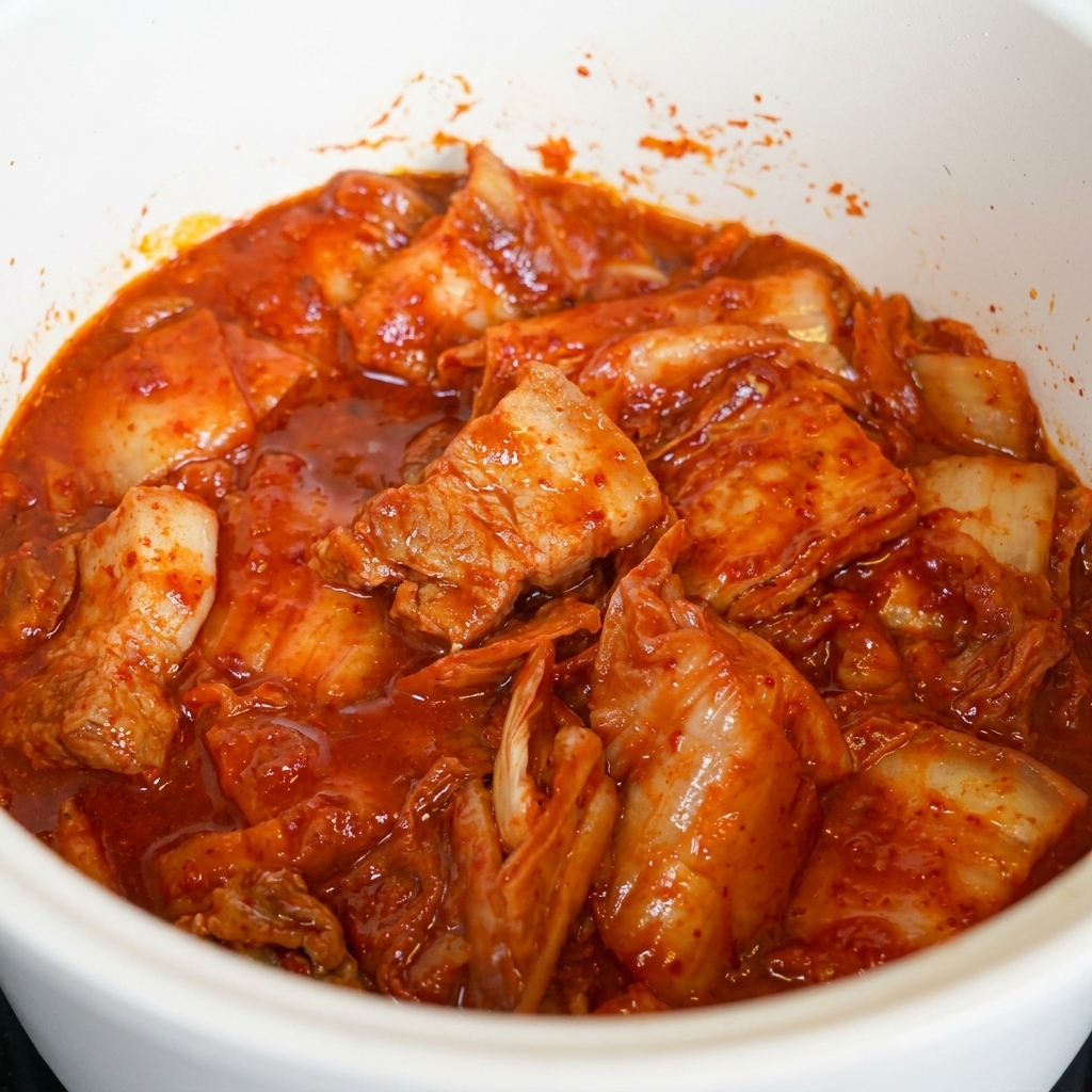 Kimchi troceado y panceta frita mezclándose en una olla, completamente cubiertos de salsa de chile rojo.